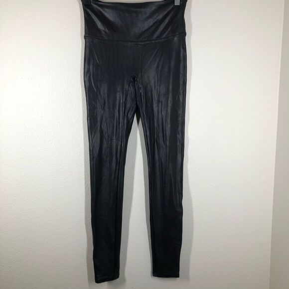 SPANX Faux Leather Leggings Black Slimming Compression Size Medium